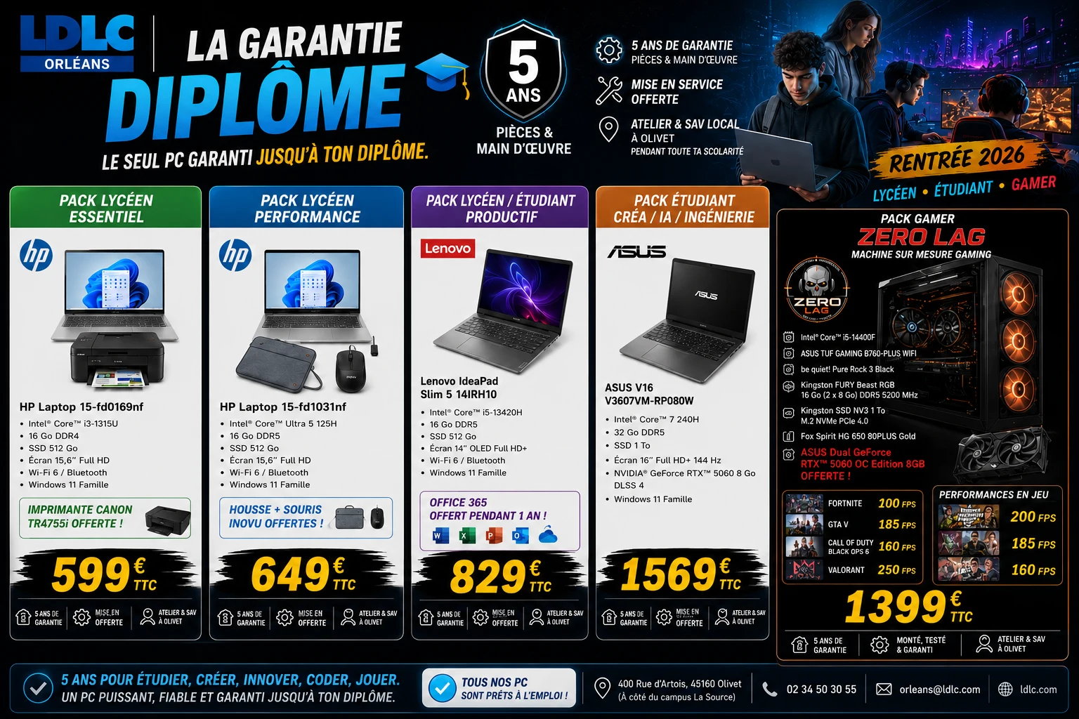 Offre Rentrée 2026 LDLC Orléans — La Garantie Diplôme : 5 packs Lycéen, Étudiant et Gamer dès 599 € TTC, PC garanti 5 ans